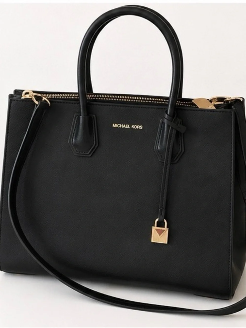 Michael Kors Black Leather Shoulder Satchel with Gold Hardware